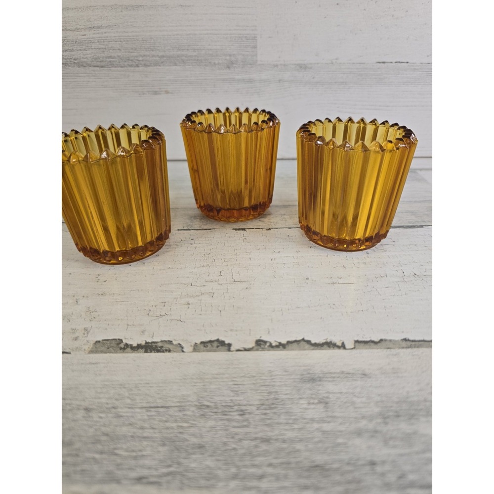 Vintage 70's Amber Glass Votive Candle Holders Set of 3 Ribbed Scalloped Rim MCM